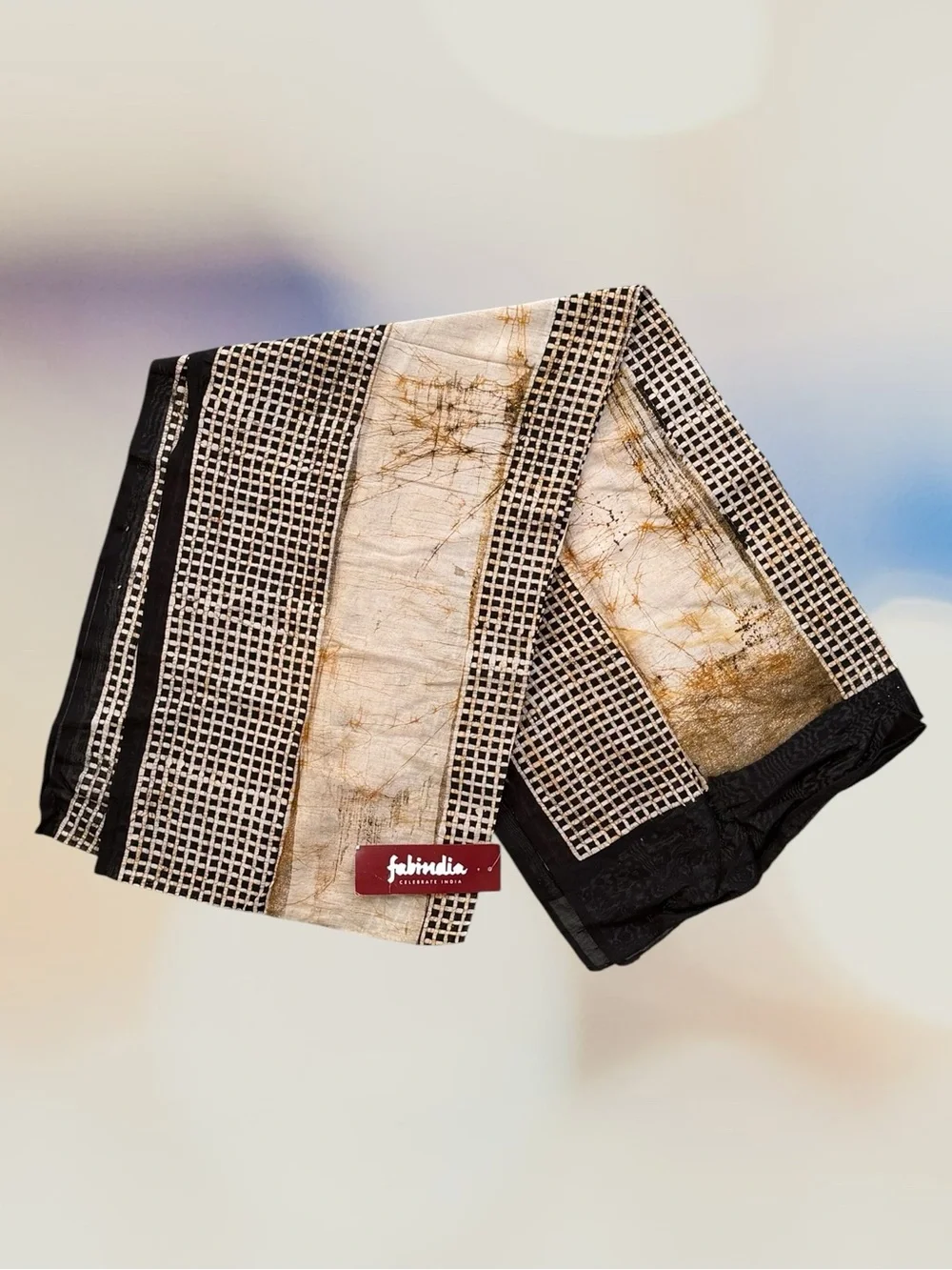Fabindia Black & Brown Silk-Cotton Chanderi Batik Geometric Dupatta/Scarf
